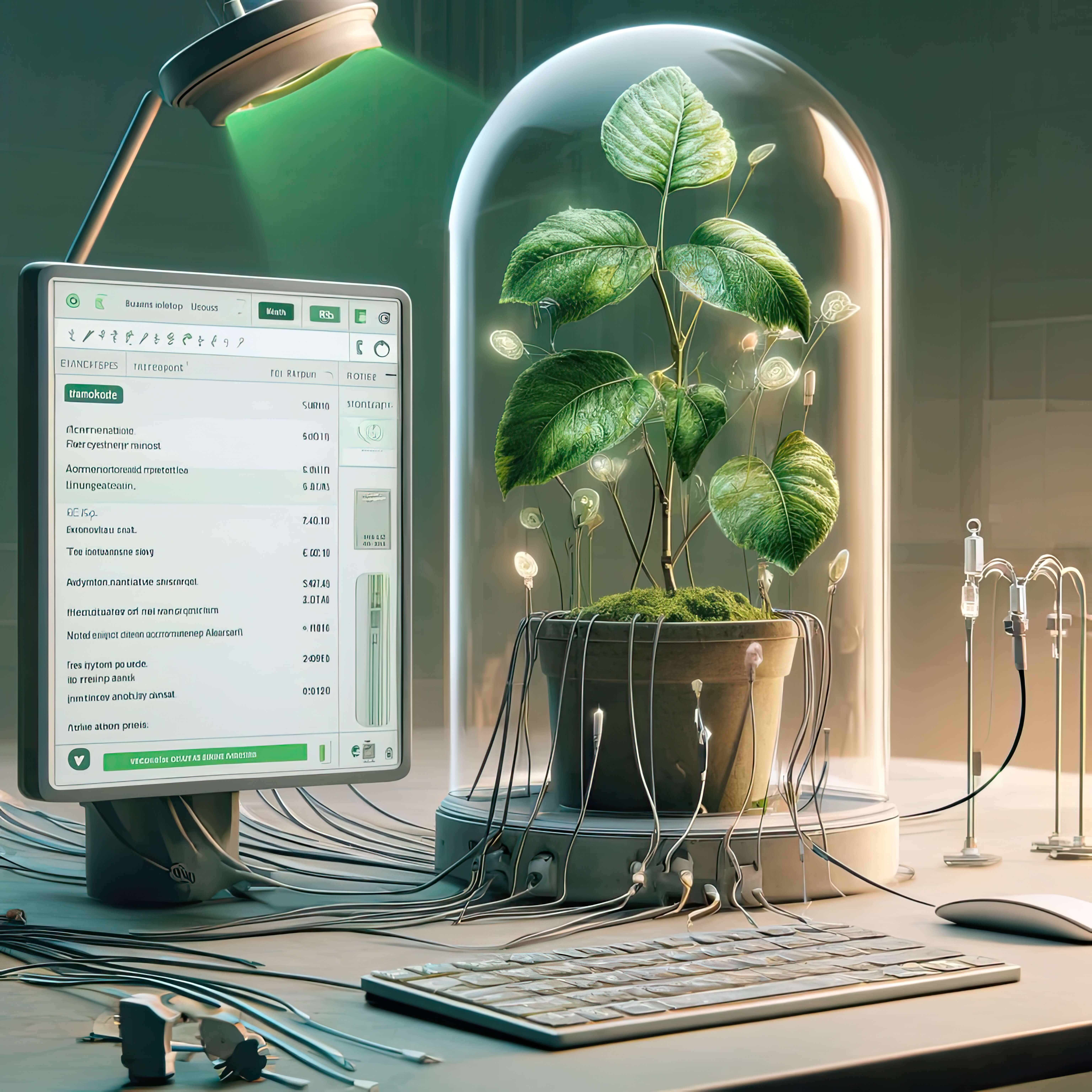 image shows a plant with sensors typing a keyboard